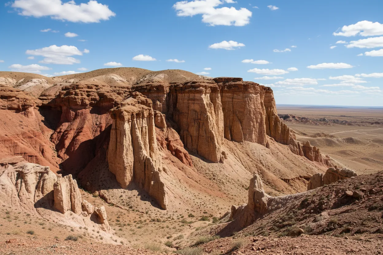 A person standing at the base of the Tsagaan Suvarga cliffs, looking up at the towering red and white rock formations.