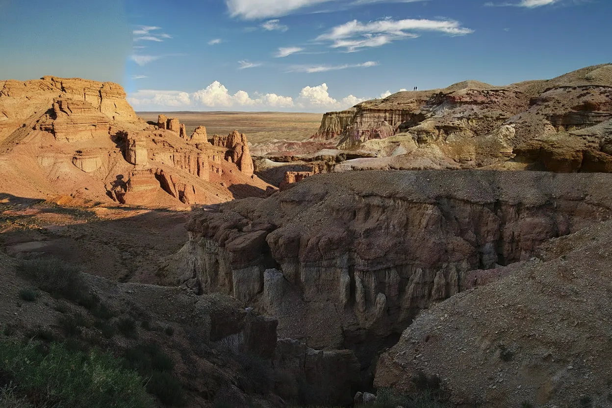 A view of Tsagaan Suvarga from a distance, showing the vast Mongolian steppe surrounding the colorful cliffs.