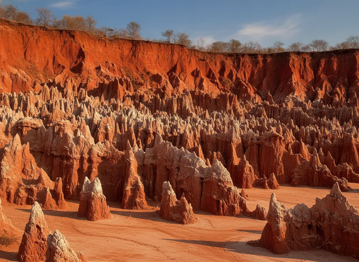 Panoramic view of Tsingy Rouge canyon with vibrant red, orange, and white rock formations under a blue sky.