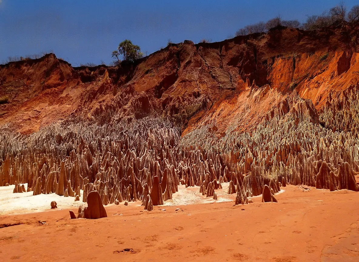 A small group of tourists with a local guide admiring the Tsingy Rouge formations, emphasizing scale and human presence.