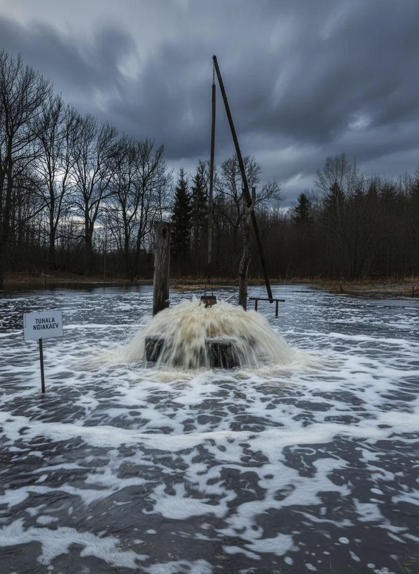 Tuhala Witch's Well erupting with frothing water, surrounded by green fields in Estonia.