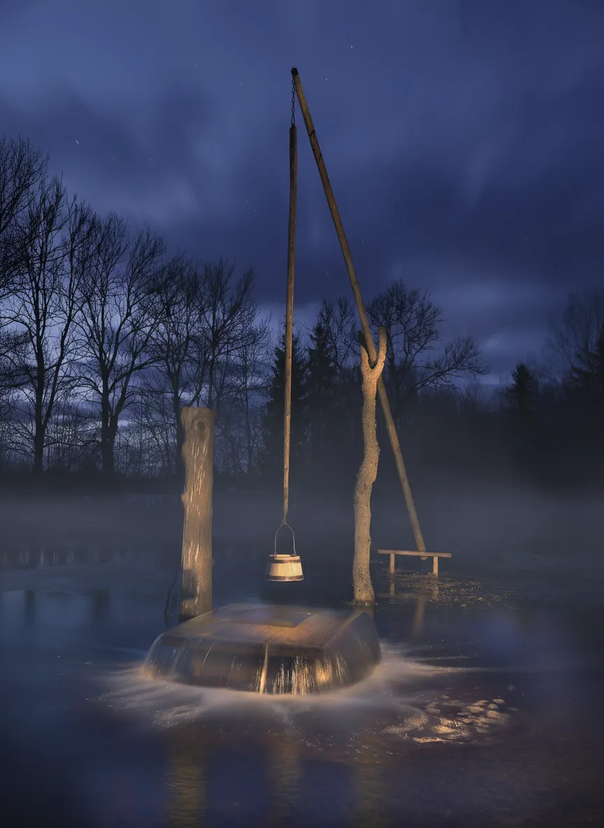 Signpost pointing to Tuhala Witch's Well in a serene Estonian forest.