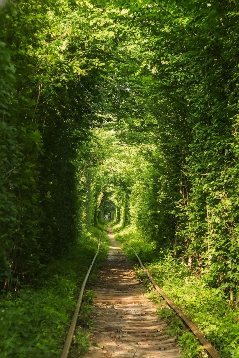 The Tunnel of Love in autumn, with vibrant orange and red leaves forming the archway over the railway tracks.