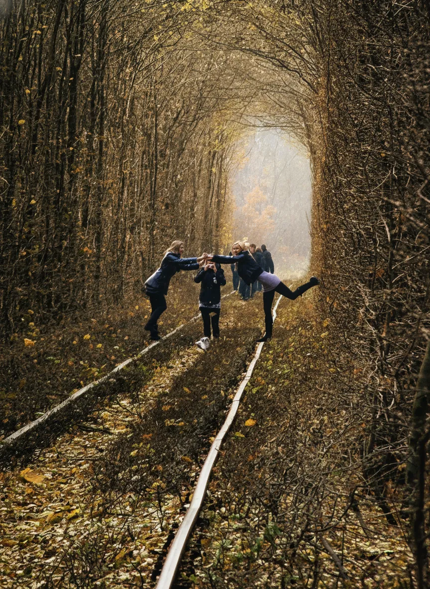 An aerial view of the Tunnel of Love, showing the dense forest forming a perfect green arch over the railway tracks.