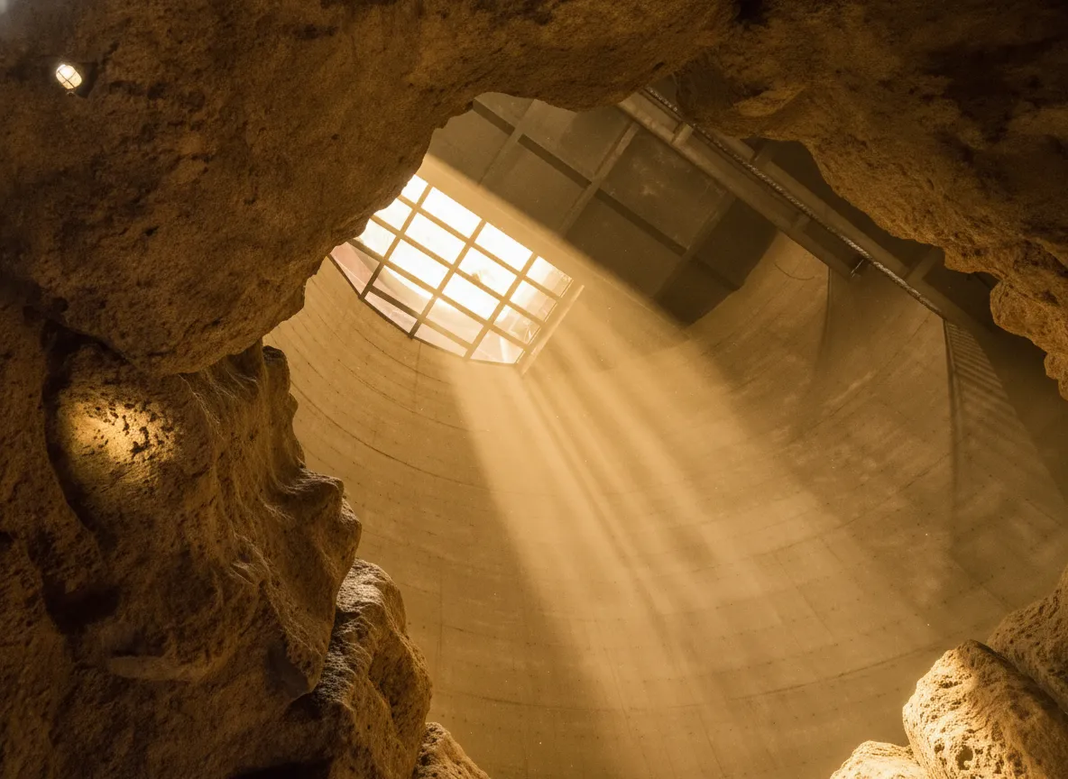 Inside the cool, dimly lit underground tunnel of the Turpan Karez System, showing the hand-hewn walls and the clear water flowing in the channel.