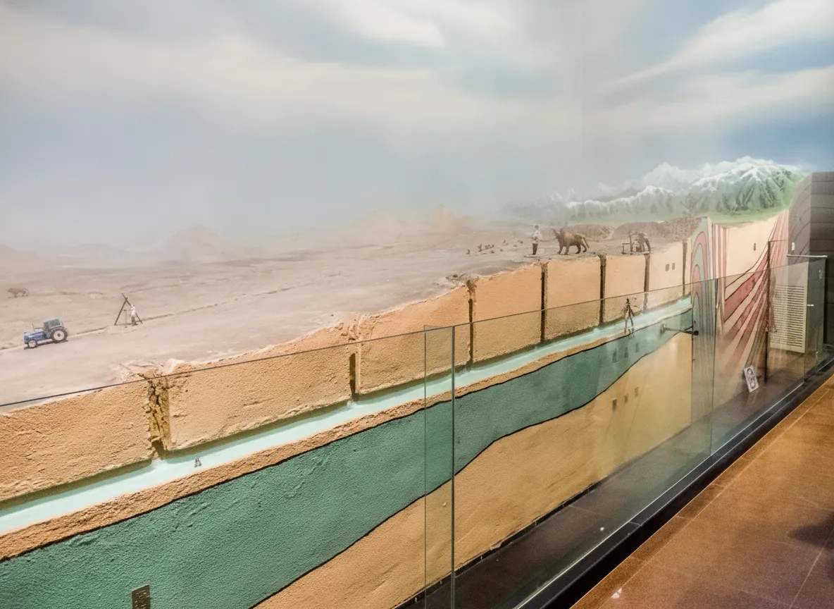 A view of the Turpan oasis with lush green vineyards stretching towards the distant, arid Flaming Mountains under a clear blue sky.
