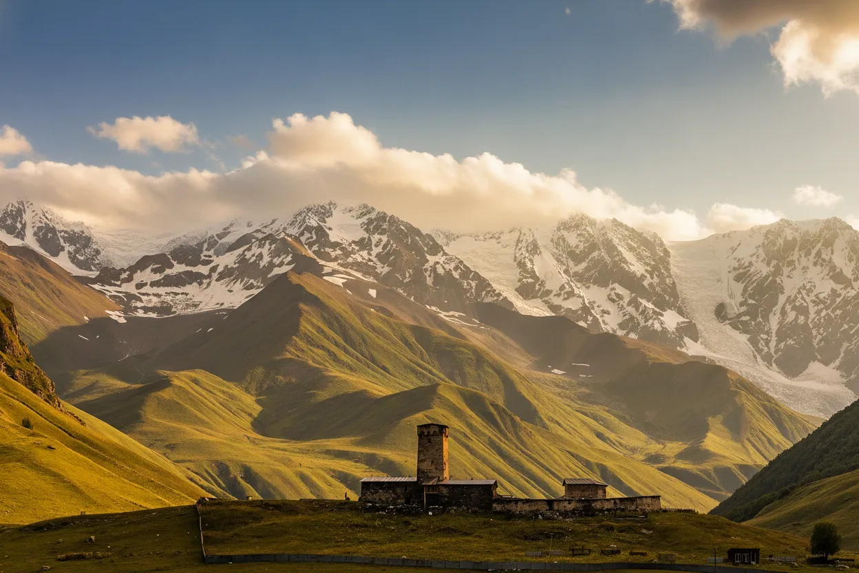 Imagine a medieval village frozen in time, nestled high in the Caucasus Mountains, where ancient stone towers rise directly from every home, guarding families for centuries against invaders.