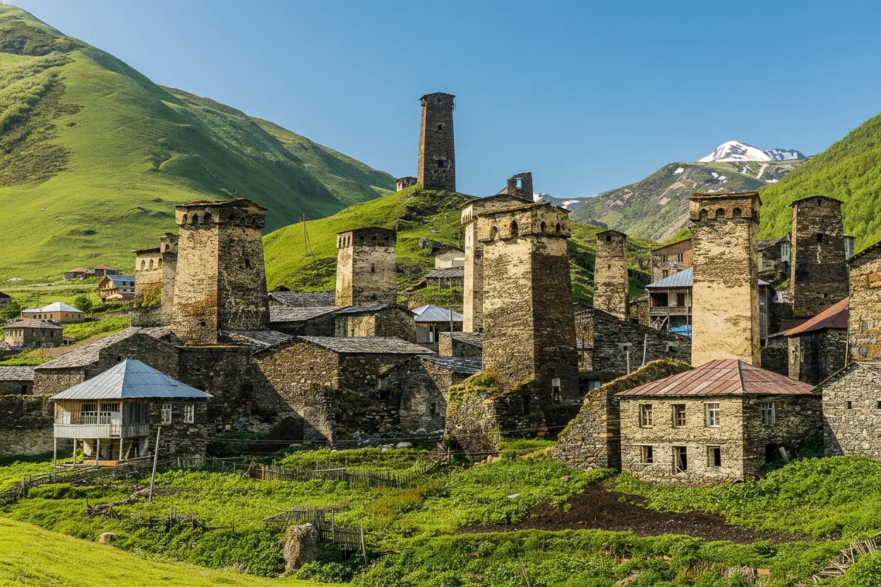 Ancient Svan towers of Ushguli against a backdrop of the Caucasus Mountains