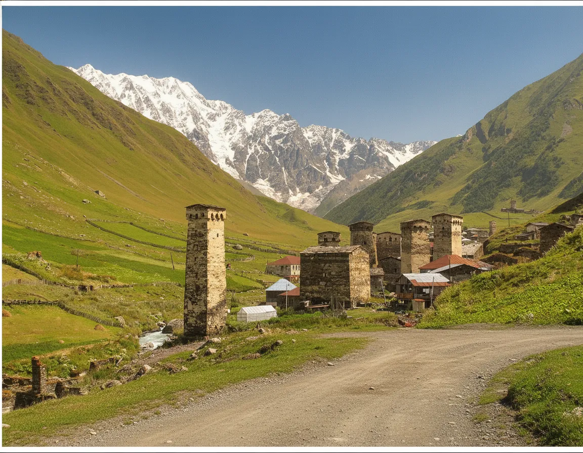 A local Svan woman walking through Ushguli village with traditional stone houses and towers
