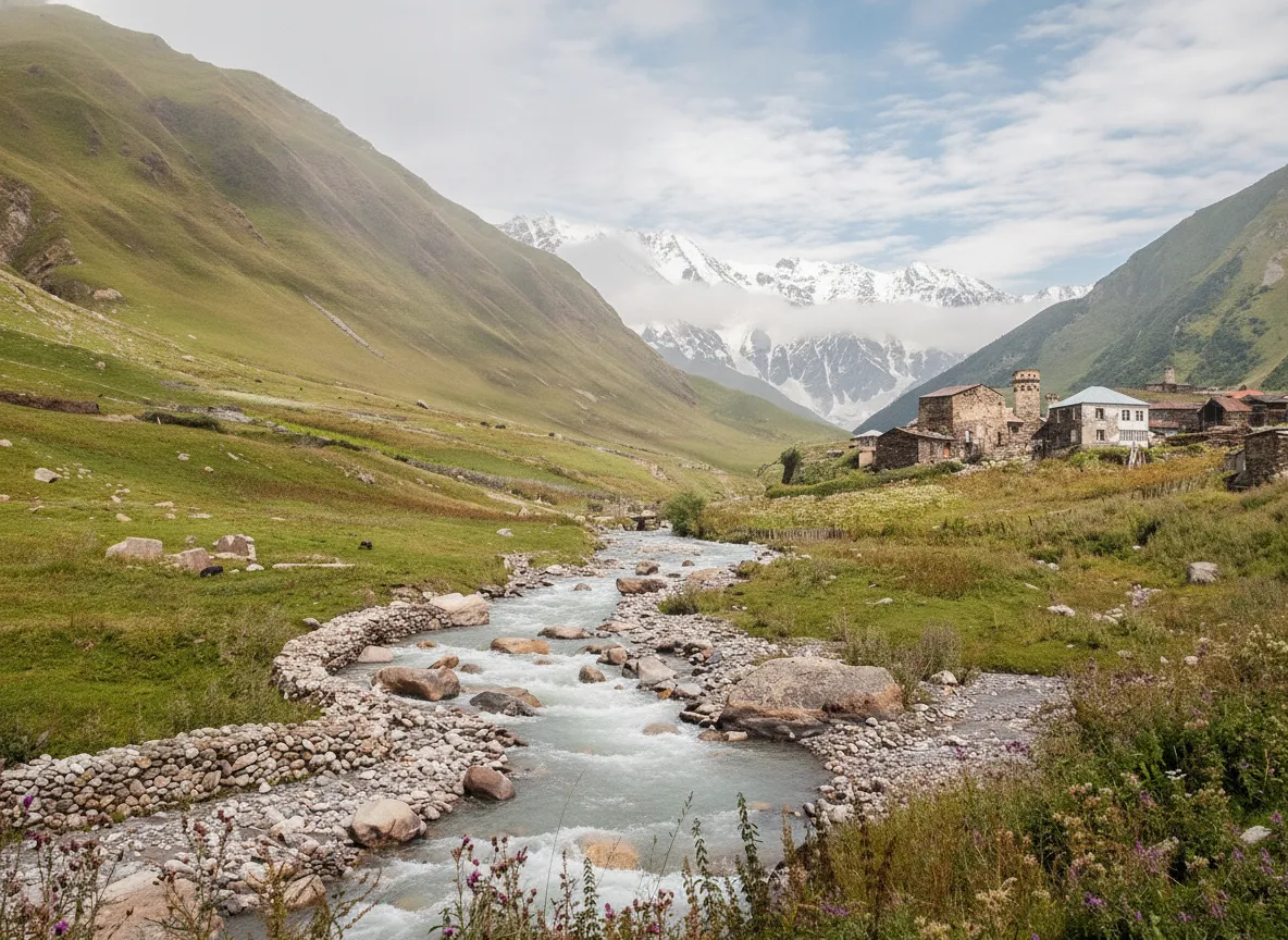 Panoramic view of Ushguli villages with Shkhara mountain in the background