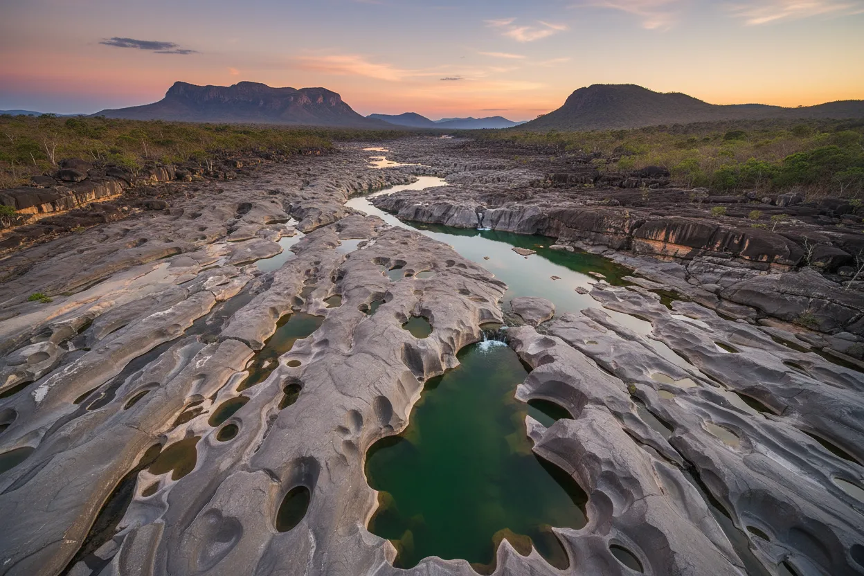 Imagine walking on the moon, but instead of craters, you're navigating a riverbed sculpted into a surreal, alien landscape of smooth, grey rock formations.