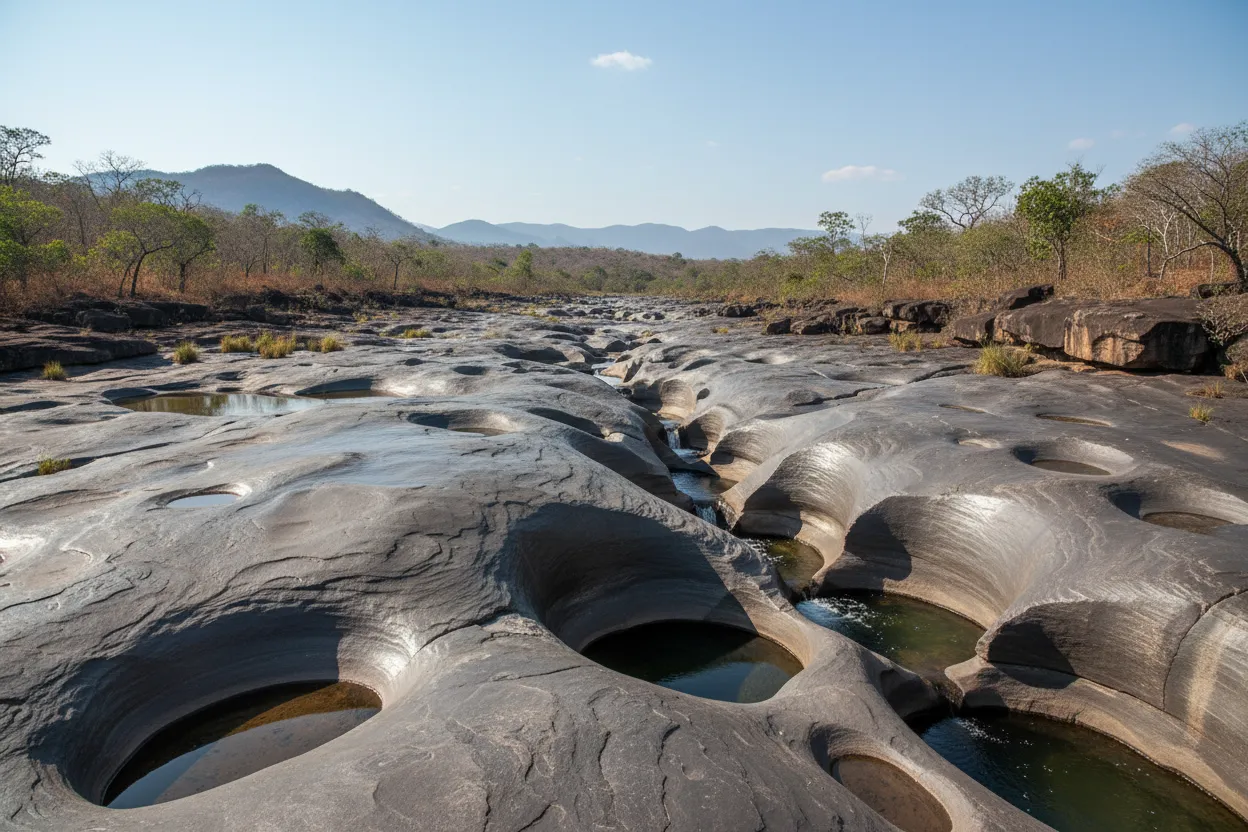 Eroded grey rock formations and natural pools in Vale da Lua, Chapada dos Veadeiros