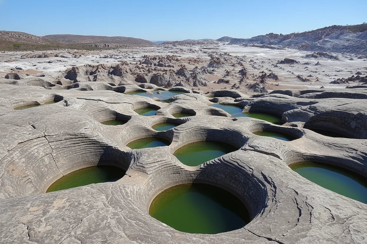 Tourists exploring the unique rock formations and swimming in the clear waters of Vale da Lua