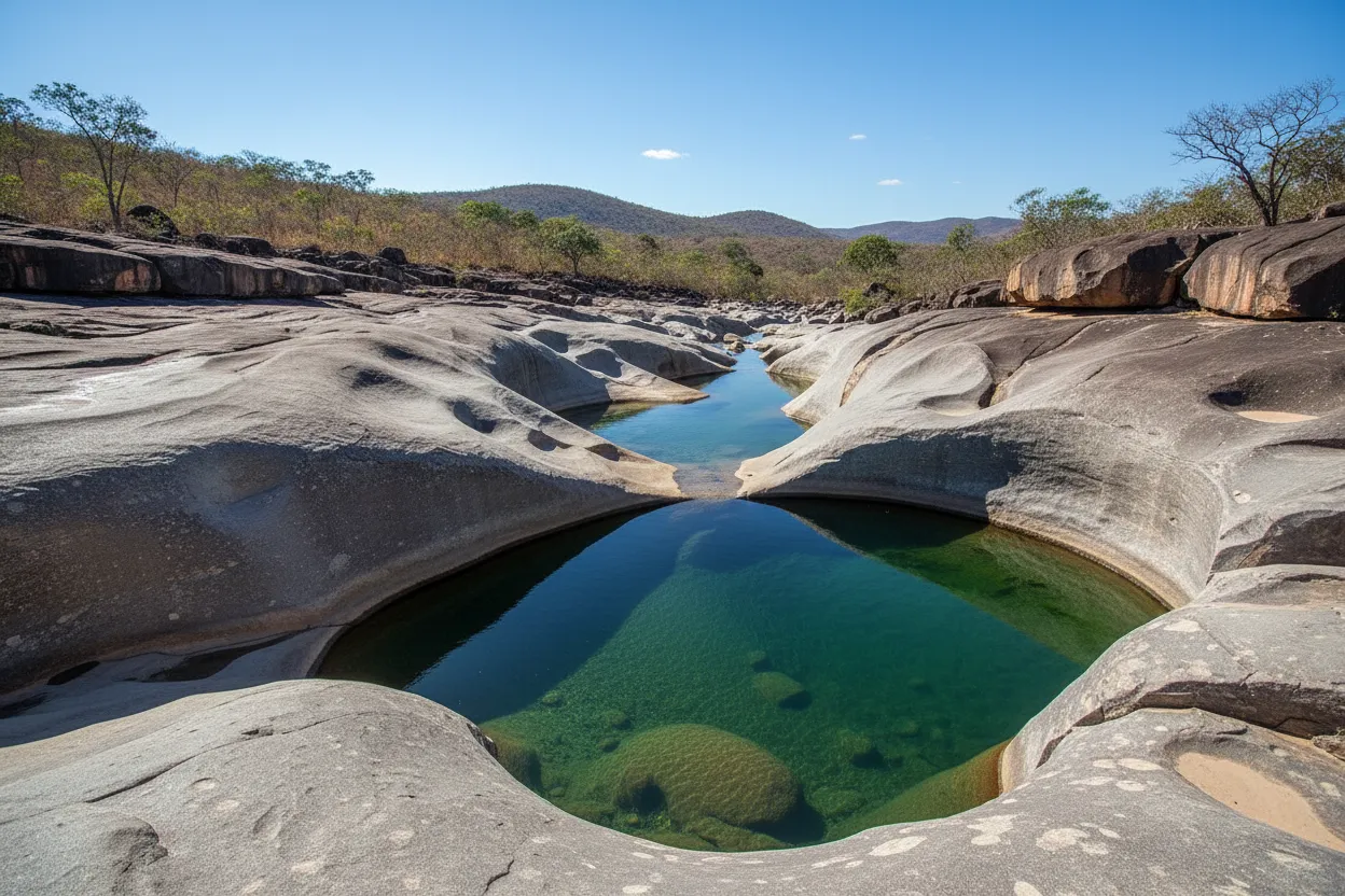 Panoramic view of Vale da Lua's unique rock landscape with emerald pools under a clear sky