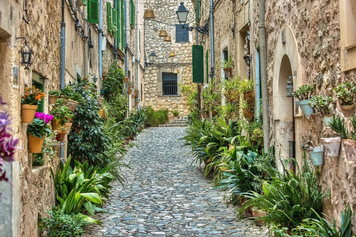 A picturesque street in Valldemossa, Mallorca, lined with traditional stone houses, each adorned with a unique ceramic tile of Saint Catherine Thomas, bathed in sunlight.