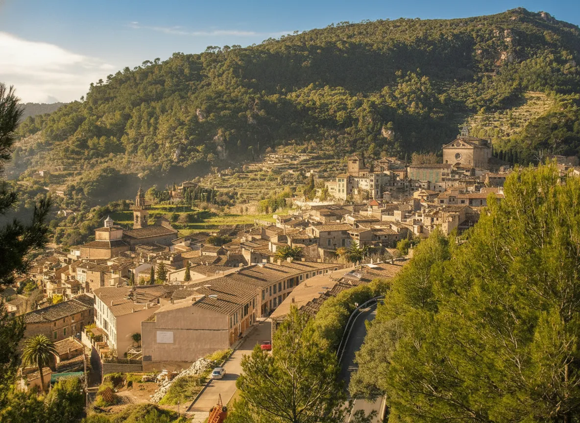 The Real Cartuja de Valldemossa, a historic Carthusian monastery in Mallorca, with its bell tower and traditional architecture, surrounded by lush greenery and mountains.