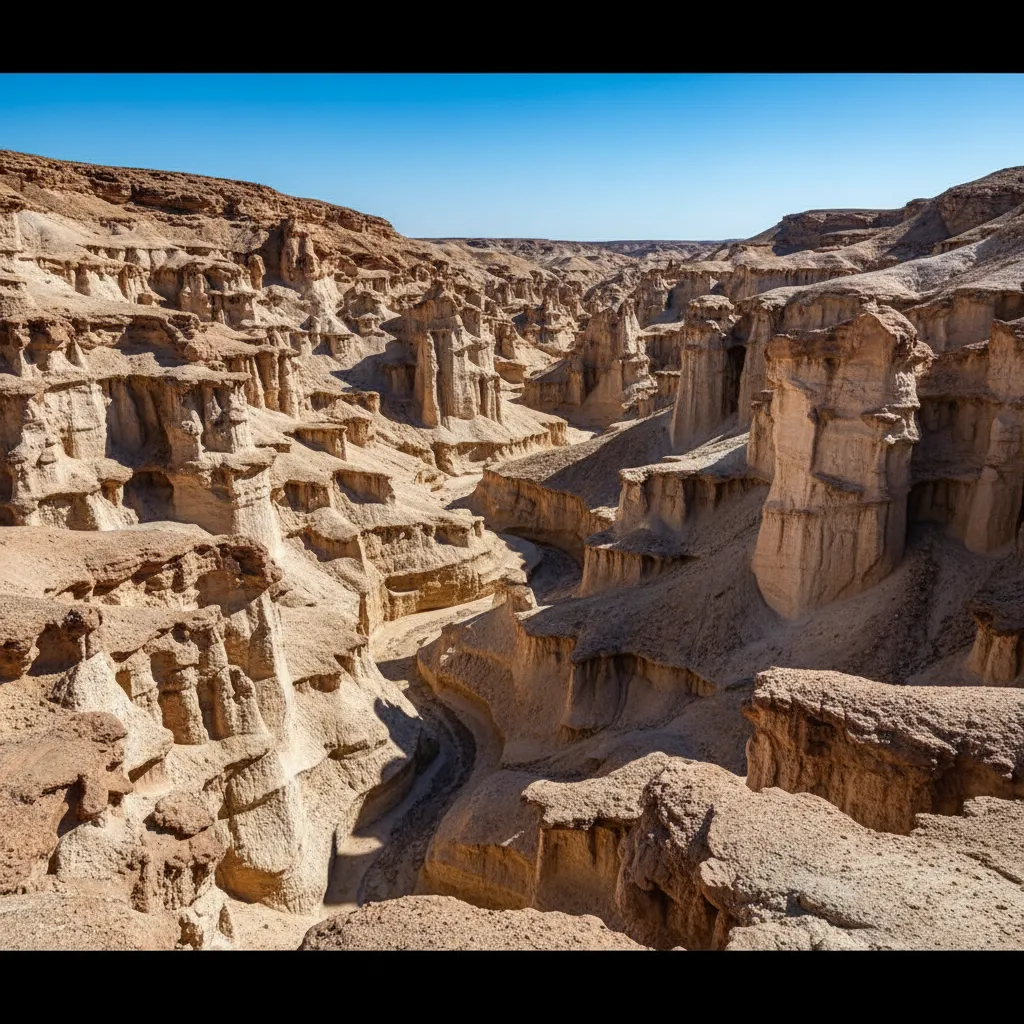 Panoramic view of the Valley of the Stars on Qeshm Island, showing towering eroded sandstone pillars and a vast, otherworldly landscape under a clear sky.