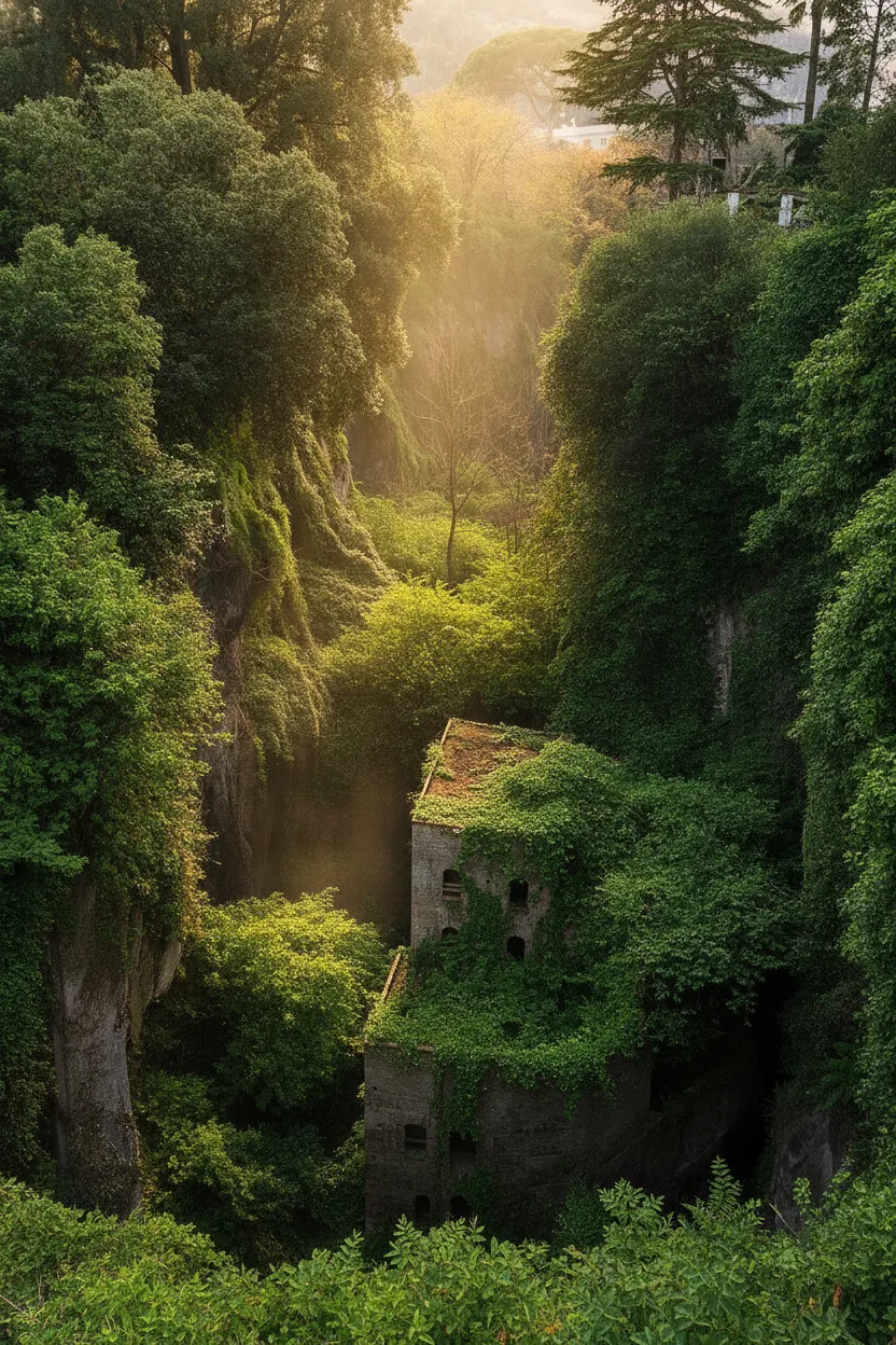 Beneath a bustling Italian town lies a forgotten volcanic chasm where a medieval flour mill has been completely swallowed by an emerald tide of nature.