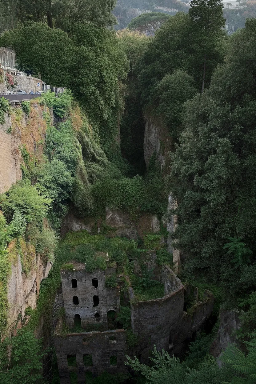 Panoramic view of Vallone dei Mulini in Sorrento, showing the deep chasm filled with lush green vegetation engulfing ancient mill ruins.