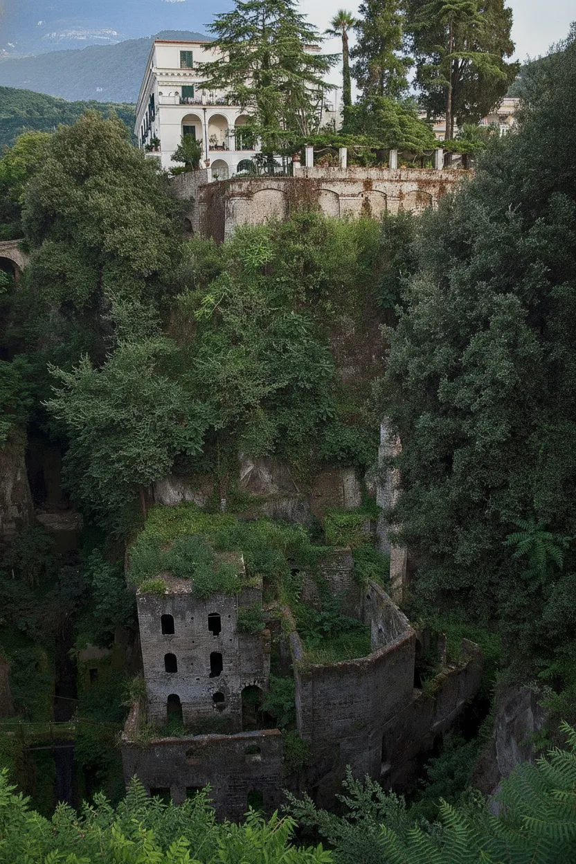 Close-up view of the abandoned medieval mill structures in Vallone dei Mulini, completely overgrown with lush green ferns and moss.