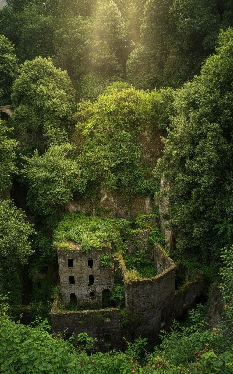 Distant view of the Vallone dei Mulini chasm from a viewpoint in Sorrento, showing the contrast between the bustling town and the overgrown valley.