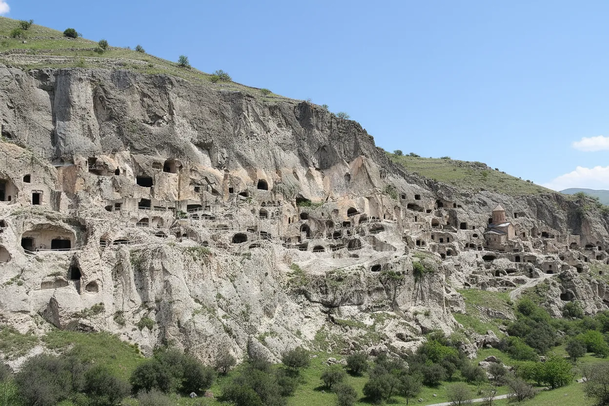Panoramic view of Vardzia Cave Monastery carved into the cliff face of Erusheti Mountain, Georgia.