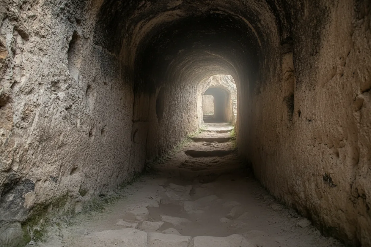 Interior view of a cave dwelling in Vardzia, showing carved rooms and tunnels.