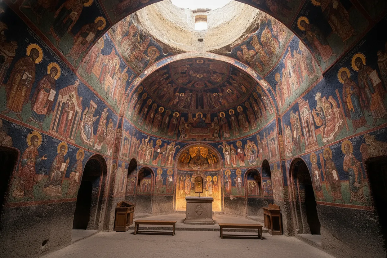 Detail of a medieval fresco depicting religious figures inside the main church of Vardzia.