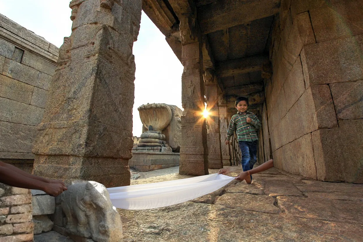 Panoramic view of the Veerabhadra Temple complex in Lepakshi, Andhra Pradesh, showcasing its ancient architecture and serene surroundings.