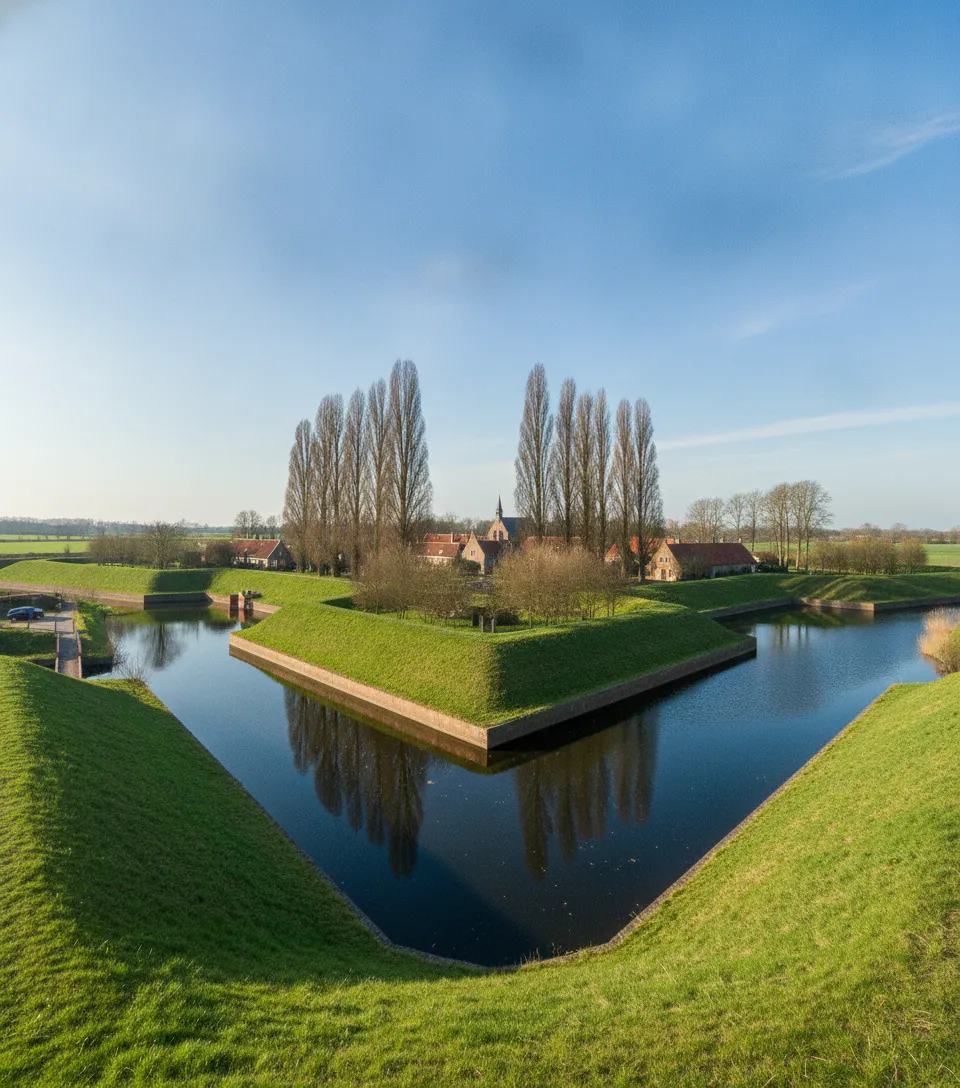 Aerial view of Vesting Bourtange, showcasing its perfect star shape with canals and ramparts.