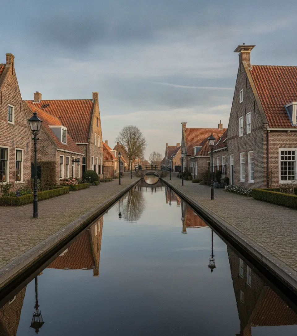 Charming cobblestone street in Vesting Bourtange with historic brick buildings and a traditional Dutch windmill in the background.