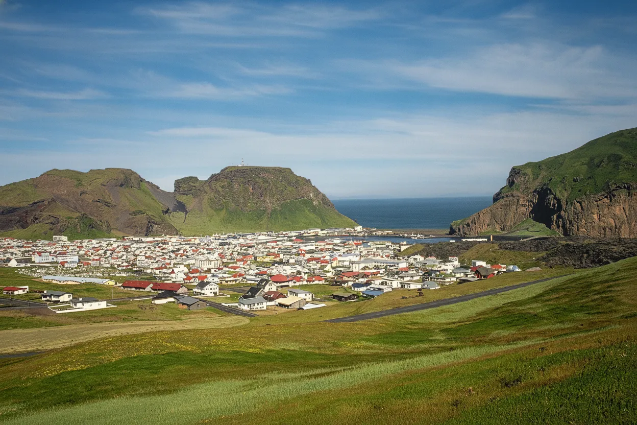 Panoramic view of Heimaey island with the Eldfell volcano in the background and a vibrant town in the foreground.