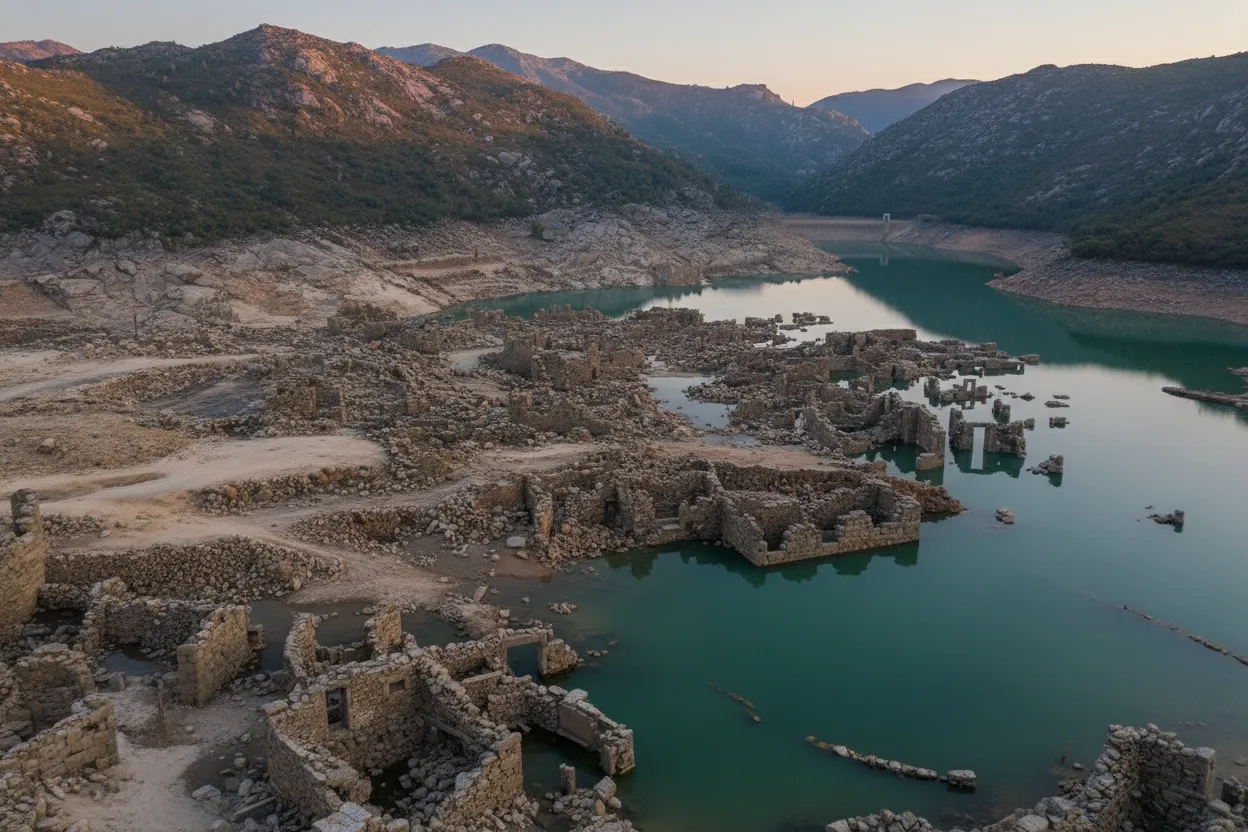 During severe droughts, an entire ancient village in Portugal emerges from the depths of a reservoir, revealing its stone houses and cobbled streets like a ghost from the past.