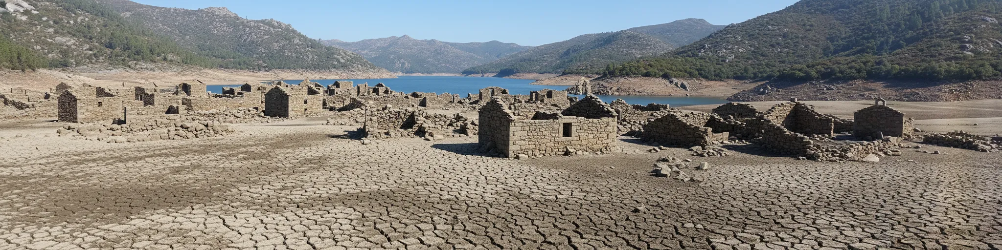 Cobbled street of Vilarinho das Furnas leading to a partially submerged stone house during a drought