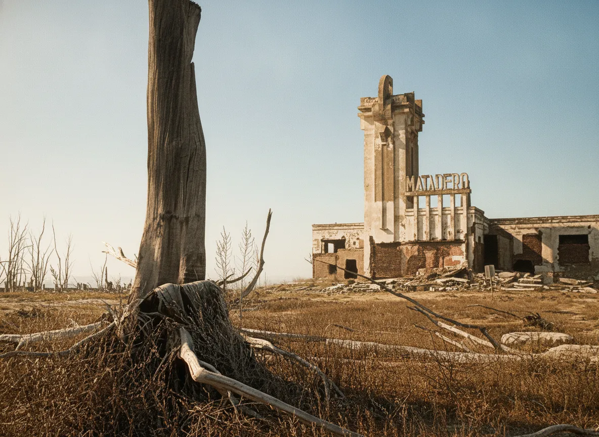Salt-encrusted ruins of a former hotel in Villa Epecuén, Argentina, under a clear sky.