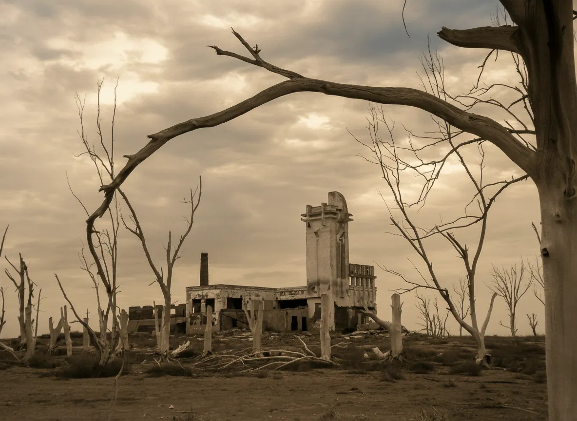 A solitary, salt-encrusted tree trunk standing amidst the ruins of Villa Epecuén at sunset.