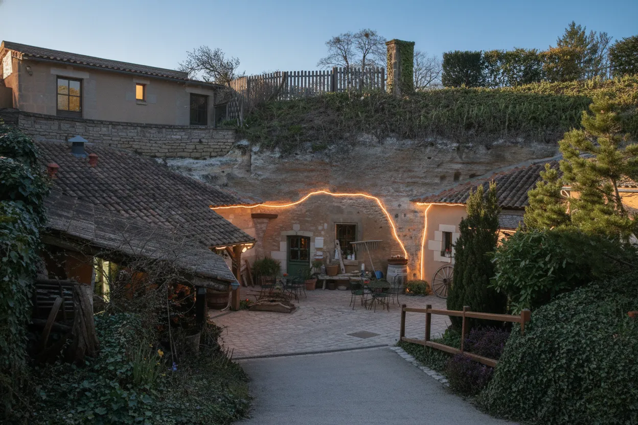 Overhead view of the surface village at Rochemenier with chimneys emerging from the ground and lush greenery