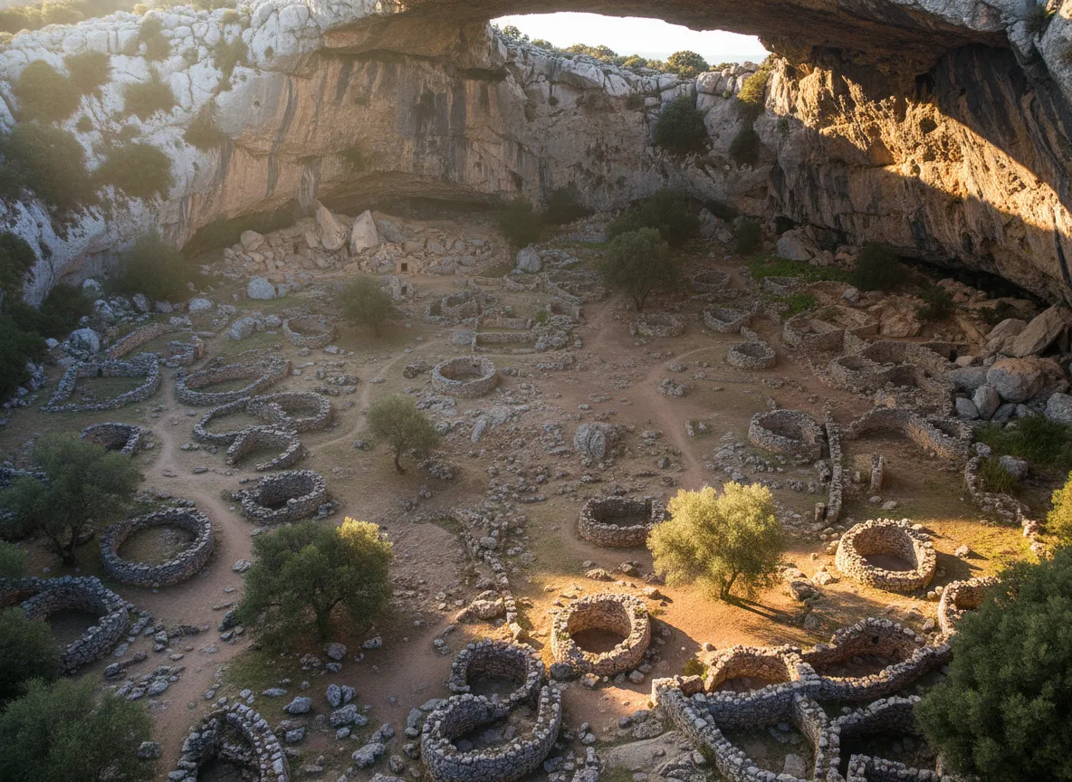 Deep in the Sardinian mountains, a hidden Bronze Age village thrives *inside* a massive collapsed cave, completely invisible until you've ventured into its secret crater.