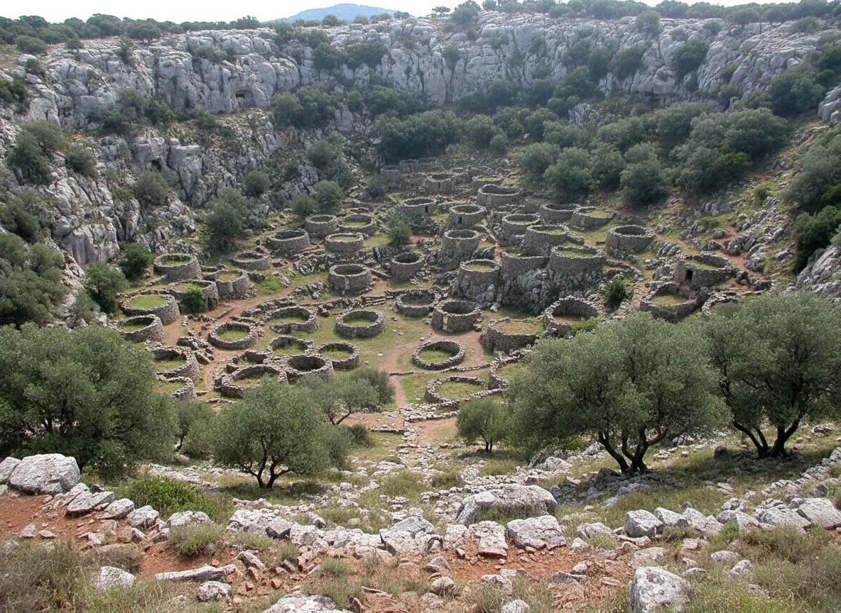 View inside the Tiscali doline showing ancient Nuragic ruins clinging to the cave walls amidst lush vegetation.