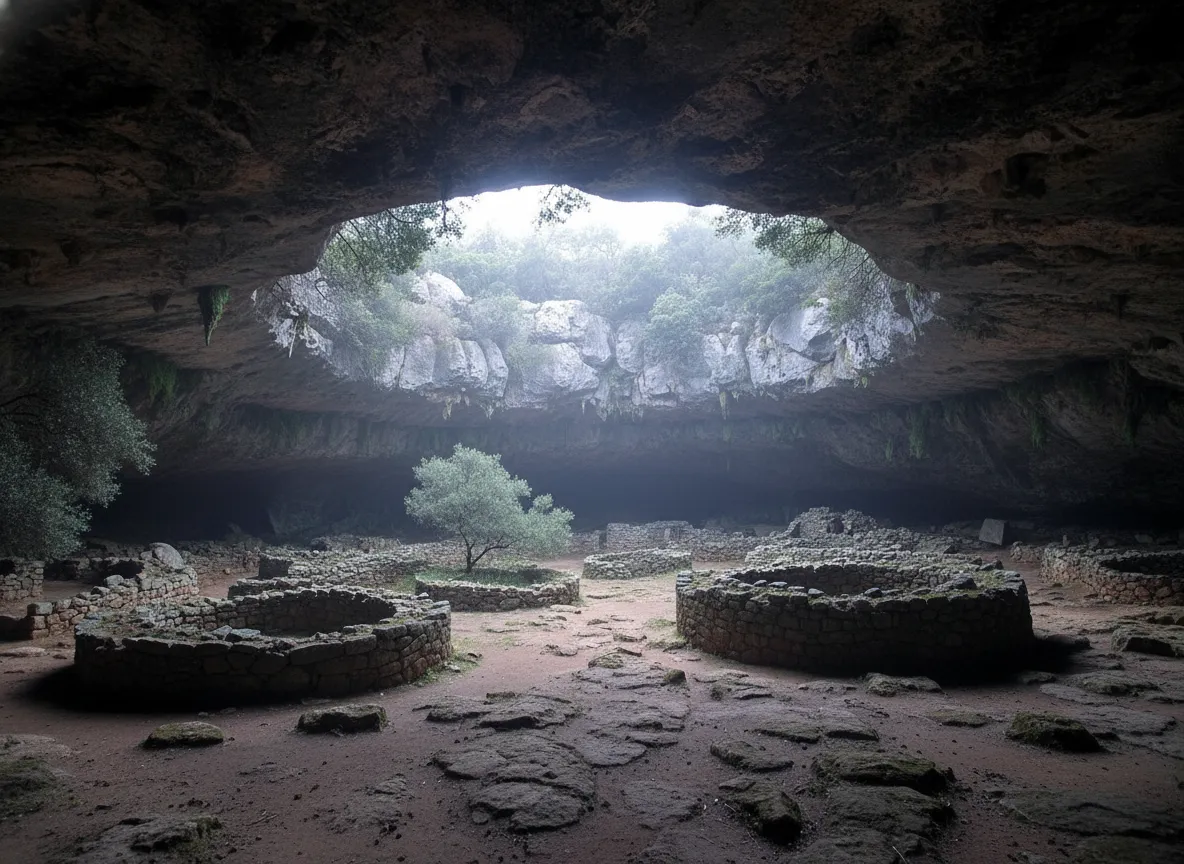 Close-up of well-preserved circular Nuragic hut foundations within the Villaggio Nuragico di Tiscali, showing ancient stonework.