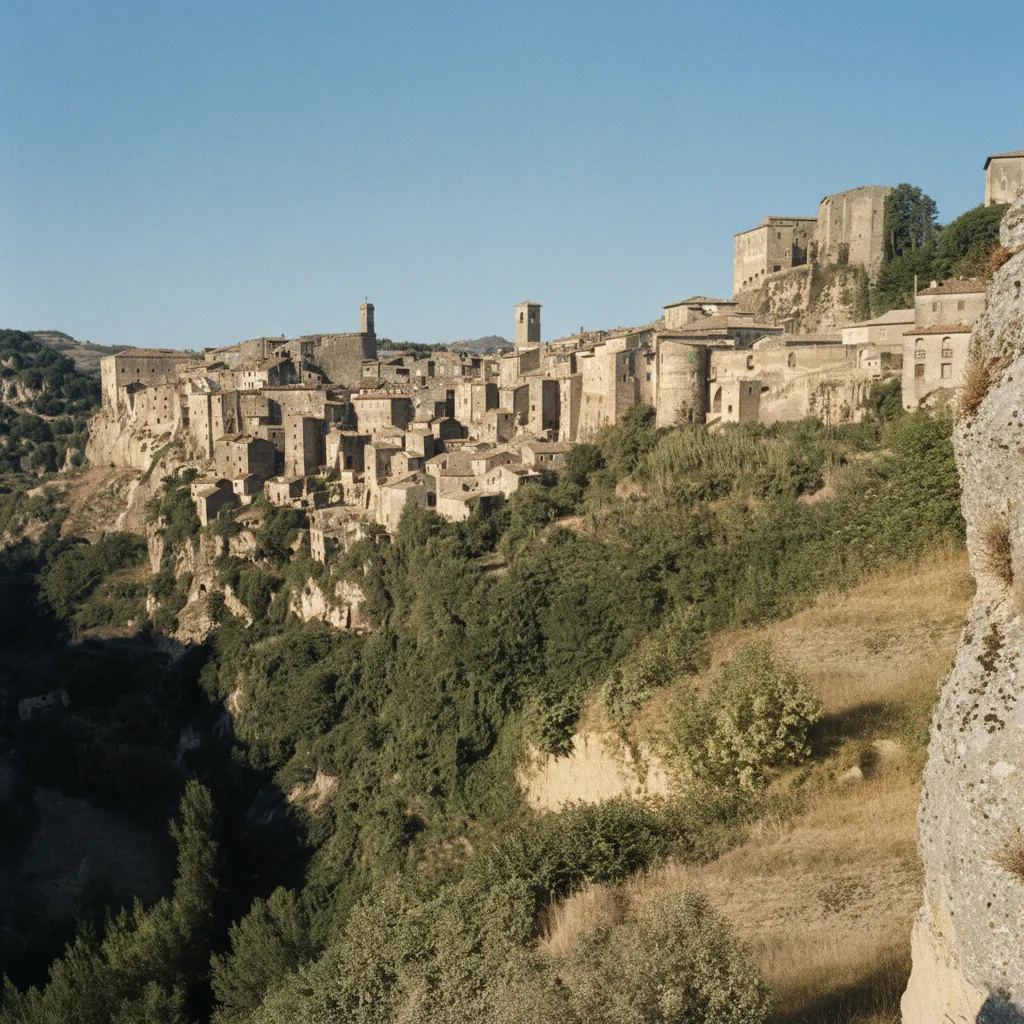 Panoramic view of the Vitozza Rock Settlement in Tuscany, showing numerous cave entrances carved into a tuff cliff face amidst lush greenery.