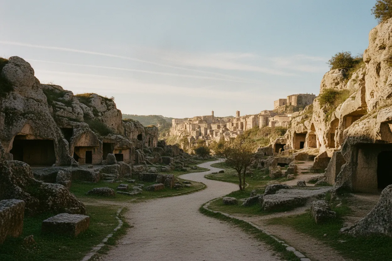 Ancient rock-cut tombs of the Vitozza Necropolis, showing intricate carvings and multiple burial chambers in a cliffside setting.