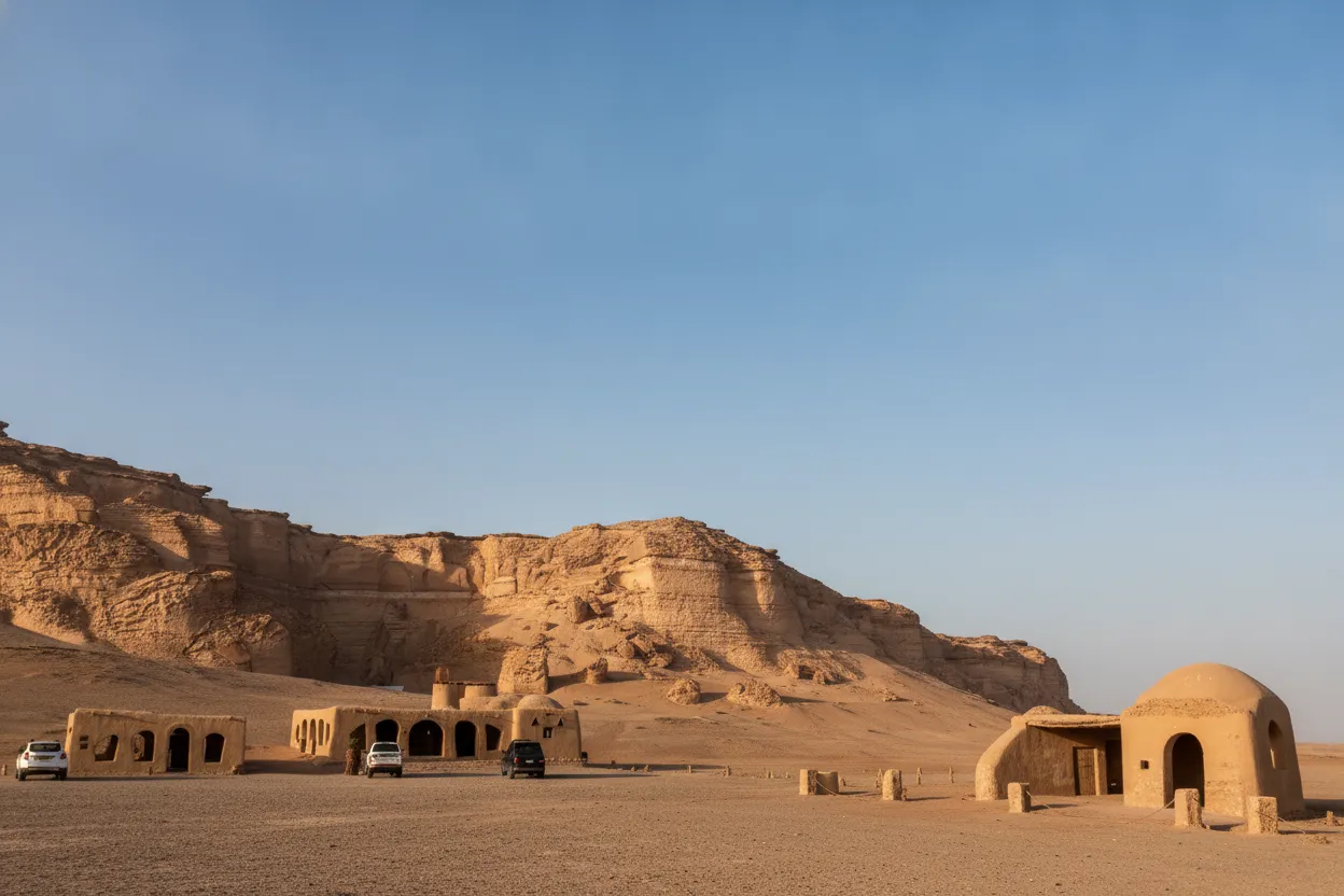 A vast desert landscape with eroded rock formations, and the preserved skeleton of a large ancient whale in the foreground.
