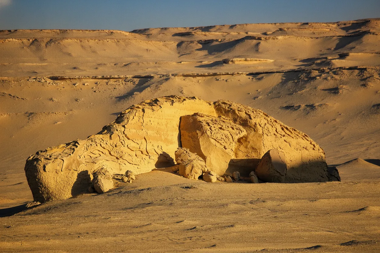 A group of tourists observing a large fossilized whale skeleton under the vast, clear desert sky.