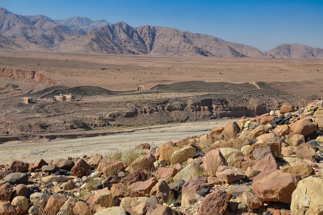 Panoramic view of Wadi Faynan's arid landscape with ancient ruins scattered across the valley floor under a clear blue sky.
