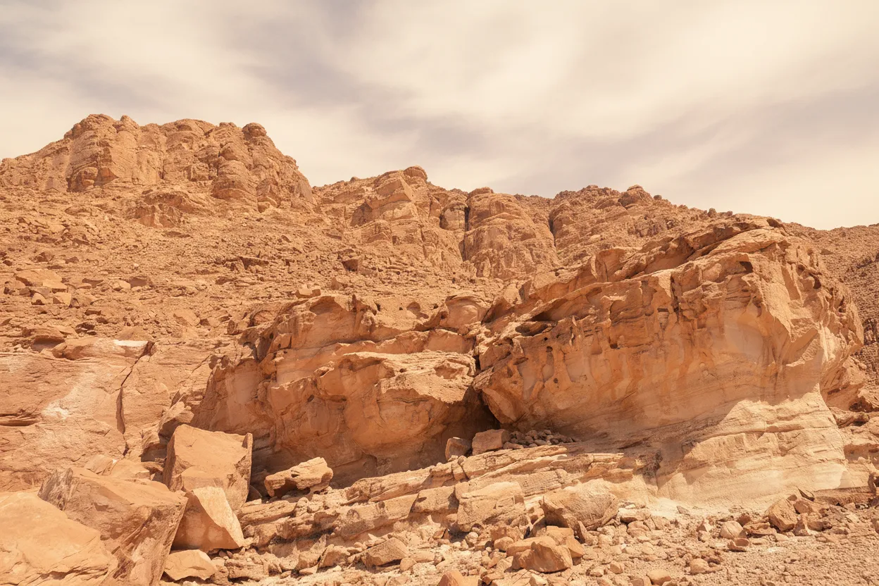 Close-up of ancient copper slag heaps in Wadi Faynan, showing the dark, glassy texture of the industrial waste product.