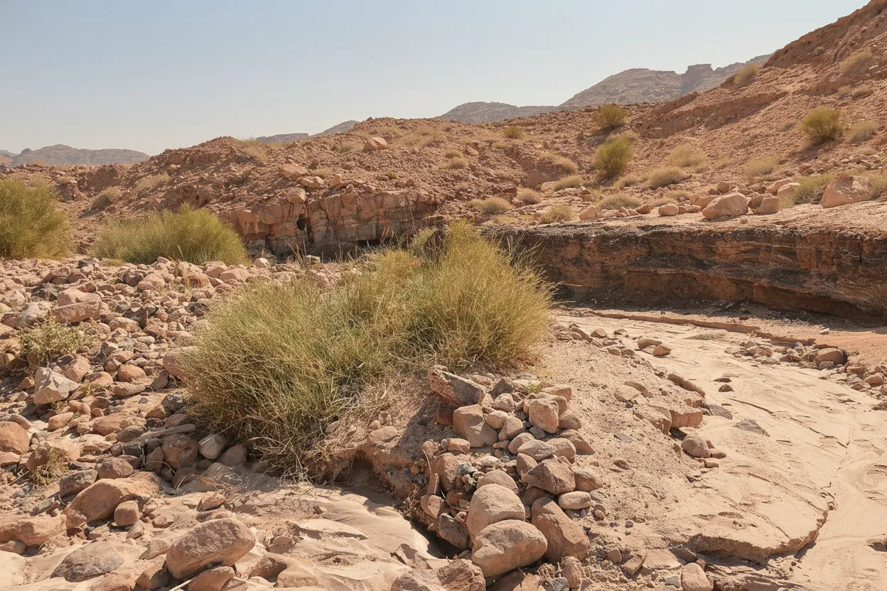A group of hikers with a local Bedouin guide exploring a narrow canyon in Wadi Faynan, with ancient rock formations on either side.