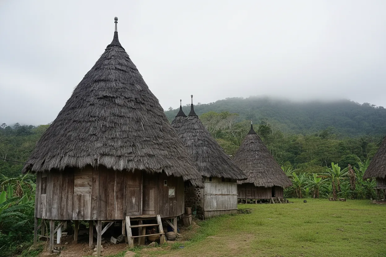 Seven traditional Mbaru Niang houses of Wae Rebo village nestled in a mountain valley, surrounded by lush rainforest, under a cloudy sky.