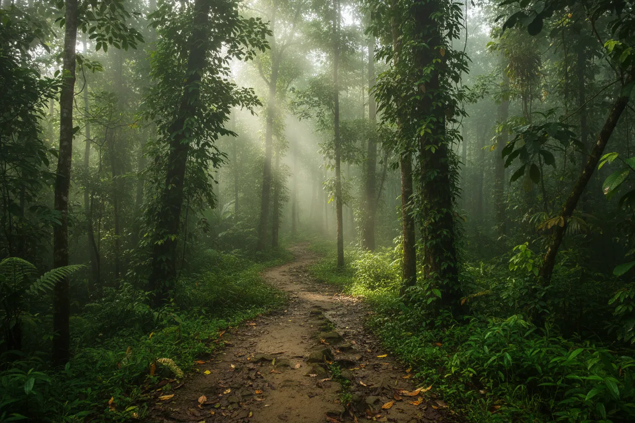 A winding, muddy trekking path through dense, misty rainforest leading to Wae Rebo village, with sunlight dappling through the canopy.
