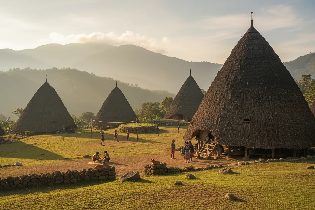 Inside a Mbaru Niang house in Wae Rebo, showing a communal sleeping area with mats on the floor and a central fire pit, bathed in warm, soft light.